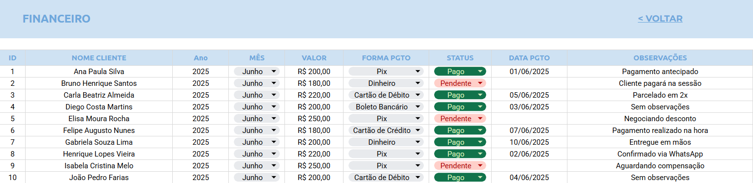 Planilha Google para Fonoaudiólogos - Financeiro
