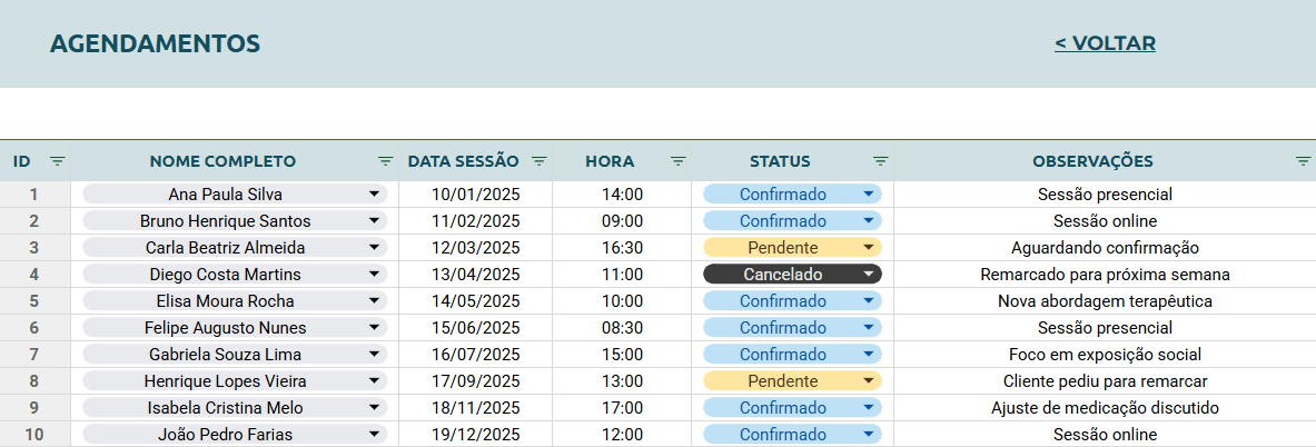 Planilha Google para Quiropraxista - Agendamentos