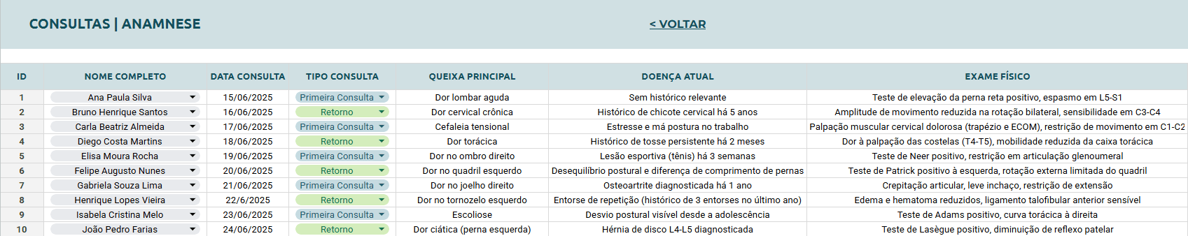 Planilha Google para Quiropraxista - Consultas