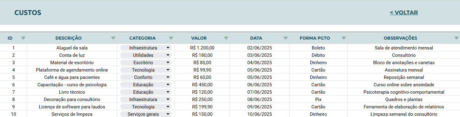 Planilha Google para Quiropraxista - Custos