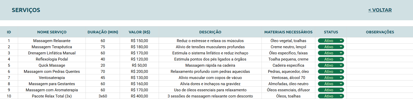Planilha Google para Quiropraxista - Serviços