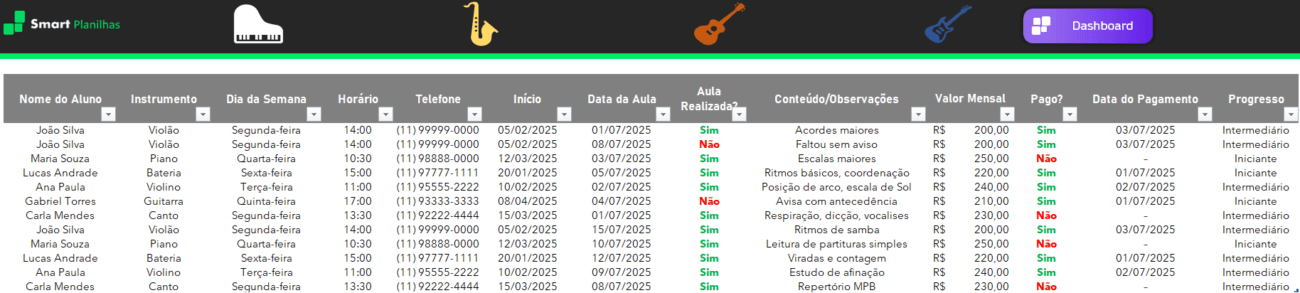 Planilha para Aula de Música - Controle