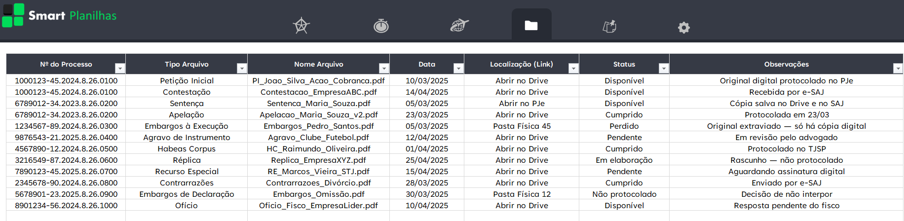 Planilha Controle de Prazos Processuais - Arquivos