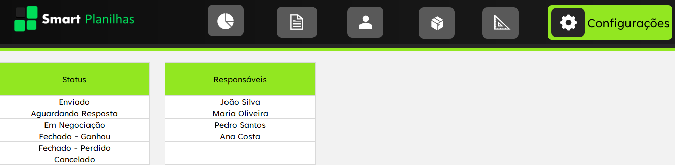 Planilha de Propostas Comerciais - Configurações