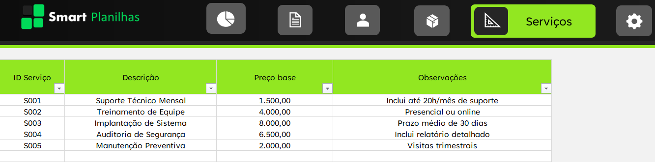 Planilha de Propostas Comerciais - Serviços