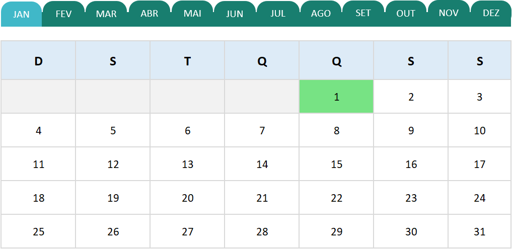 Calendário 2026 em Excel