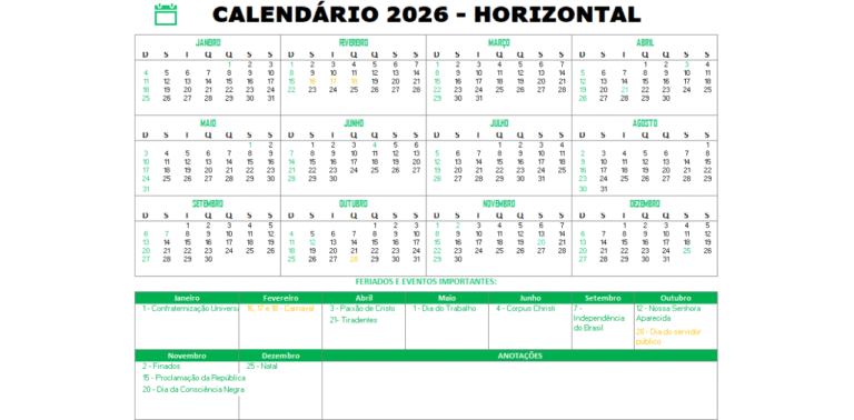 Calendário Horizontal 2026