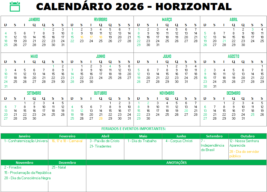Calendário Horizontal 2026