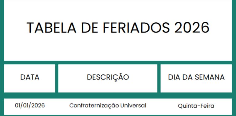 Tabela de Feriados 2026 Grátis