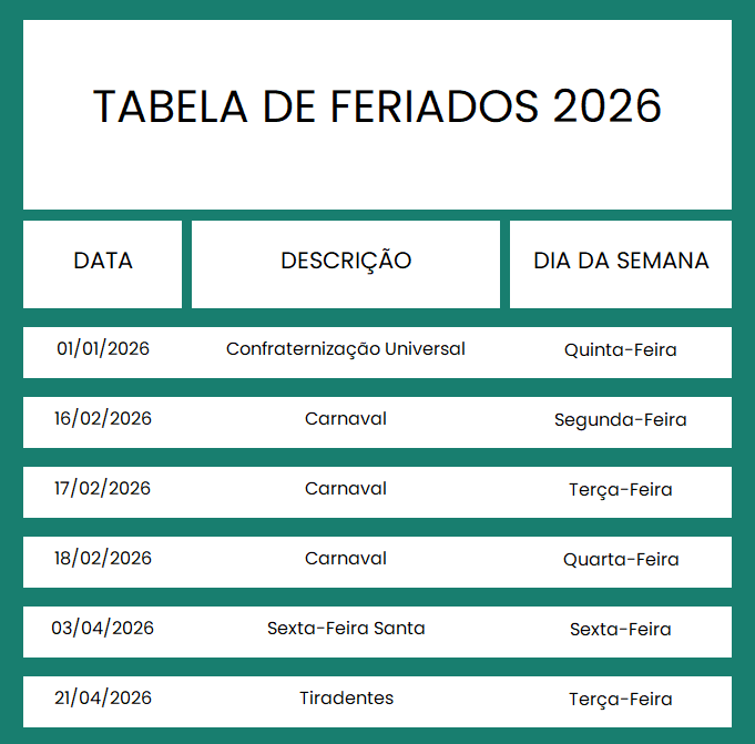 Tabela de Feriados 2026