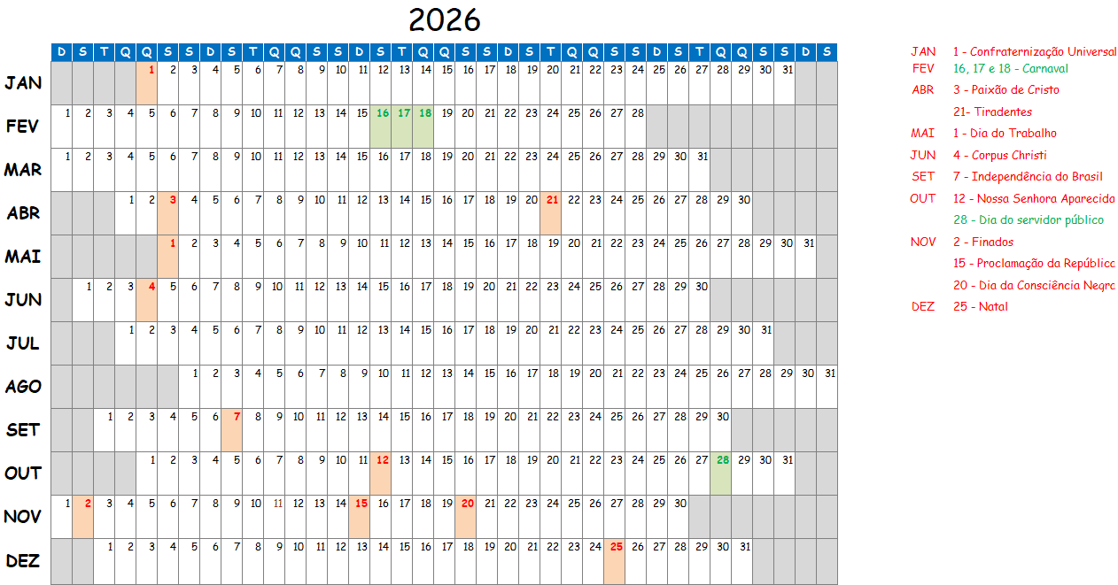 Calendário 2026 em Excel para Imprimir