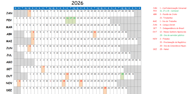 Calendário 2026 em Excel para Imprimir Grátis