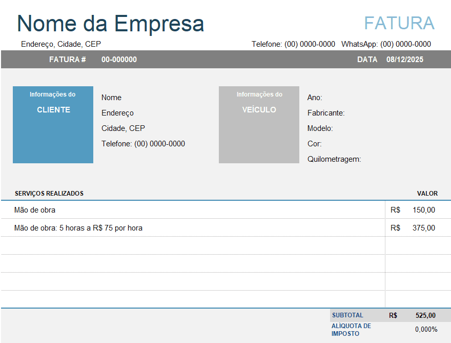Fatura de Reparo de Automóveis em Excel - Controle