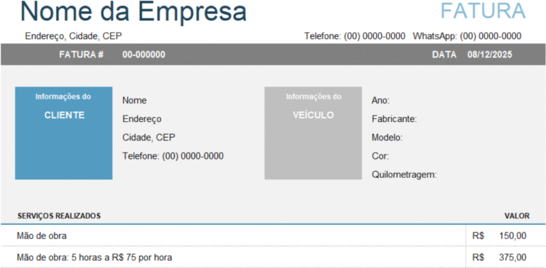 Fatura de Reparo de Automóveis em Excel Grátis
