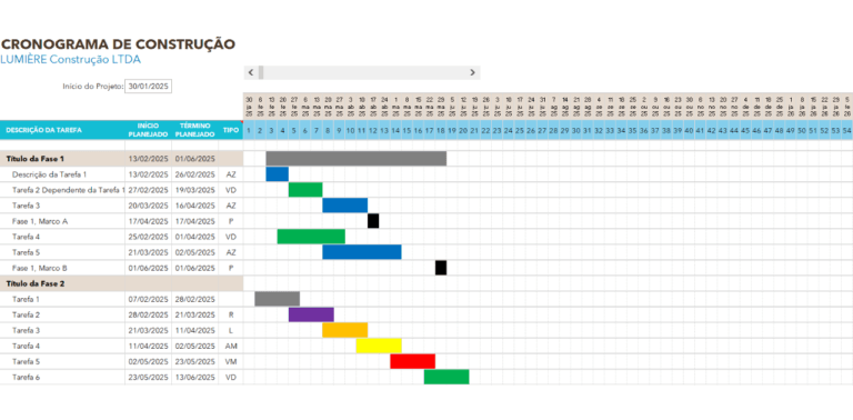 Planilha Cronograma Semanal de Obras Grátis