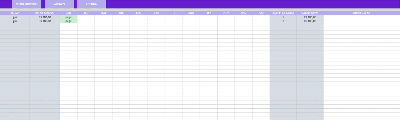 Planilhas para Professores - Planilha para Controle de Aula Particular