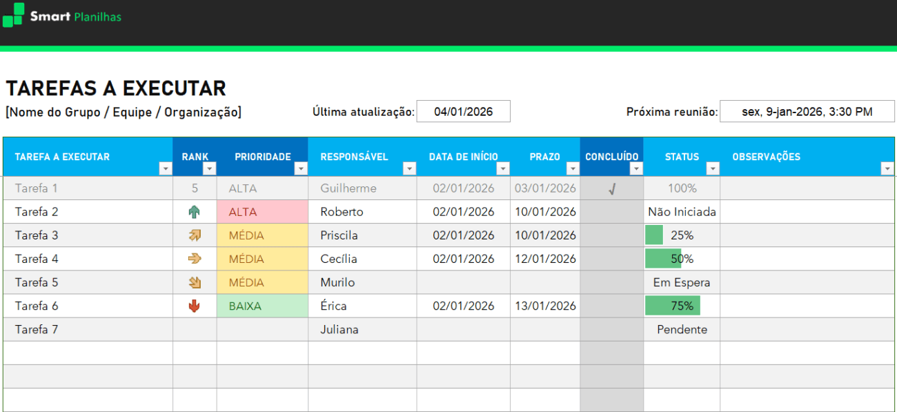 Planilha Gestão de Tarefas a Executar