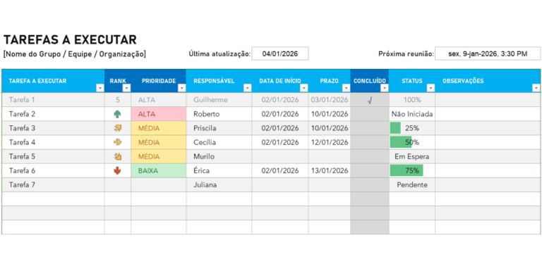 Planilha Gestão de Tarefas a Executar Grátis