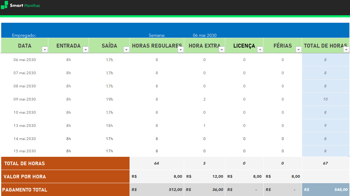 Folha de Controle de Ponto de Funcionário - Controle