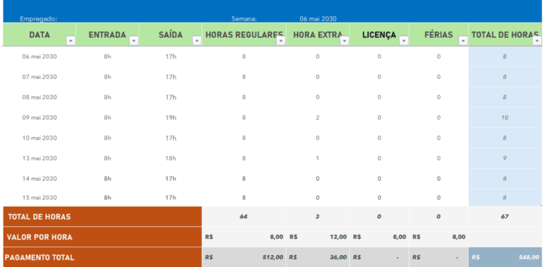 Folha de Controle de Ponto de Funcionário