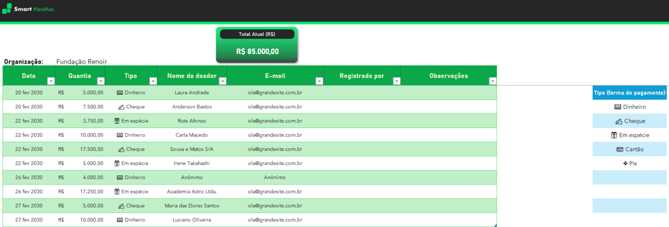 Planilha Controle de Doações - Controle