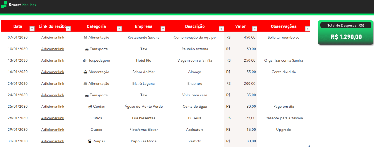 Planilha Gestão de Gastos Pessoais - Controle