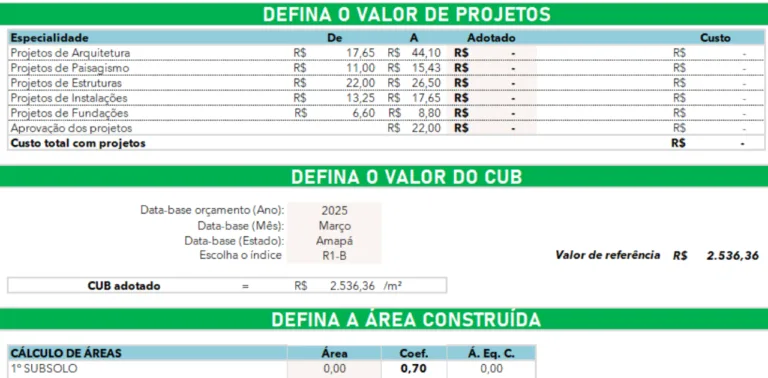 Planilha de Orçamento Preliminar de Obras Grátis