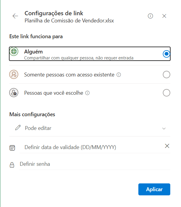 Compartilhar uma planilha Excel - Permissões