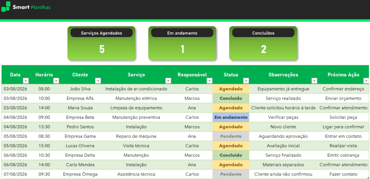 Planilha de Agenda para Prestadores de Serviços - Controle
