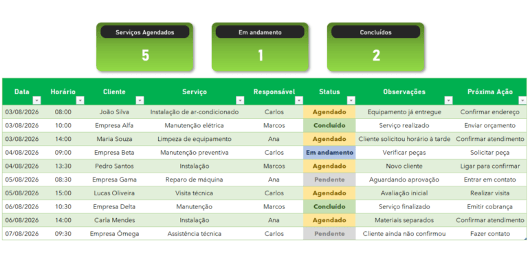 Planilha de Agenda para Prestadores de Serviços