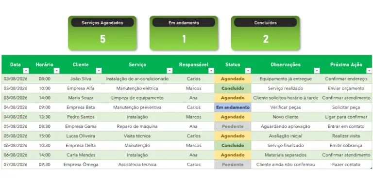 Planilha de Agenda para Prestadores de Serviços Grátis