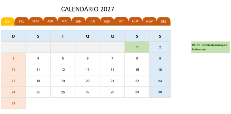 Calendário 2027 em Excel Grátis