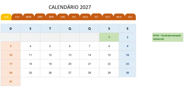 Calendário 2027 em Excel Grátis