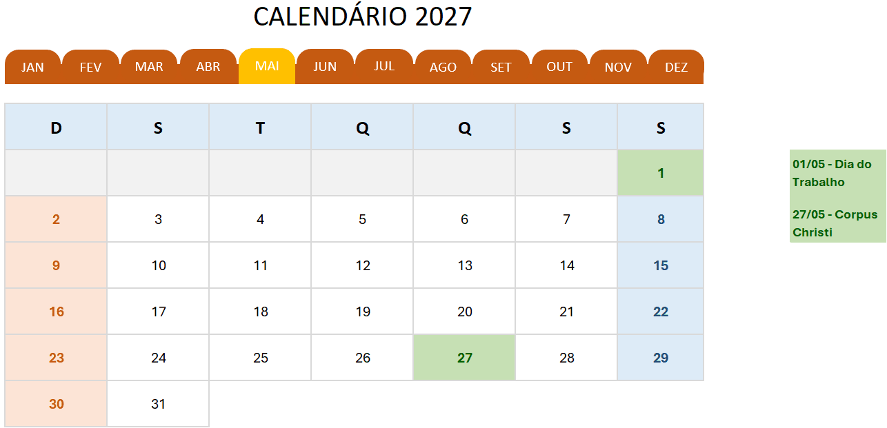 Calendário 2027 em Excel Grátis - Maio