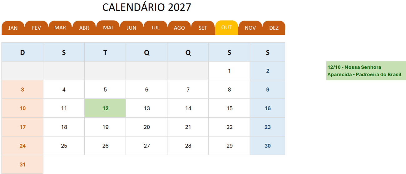 Calendário 2027 em Excel Grátis - Outubro