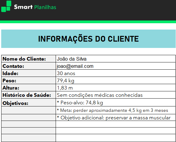 Planilha de Treino para Personal Trainers - Informações do Cliente