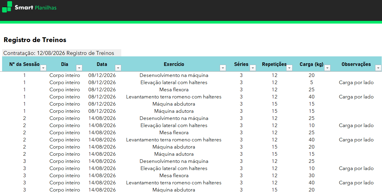 Planilha de Treino para Personal Trainers - Registros de Treinos