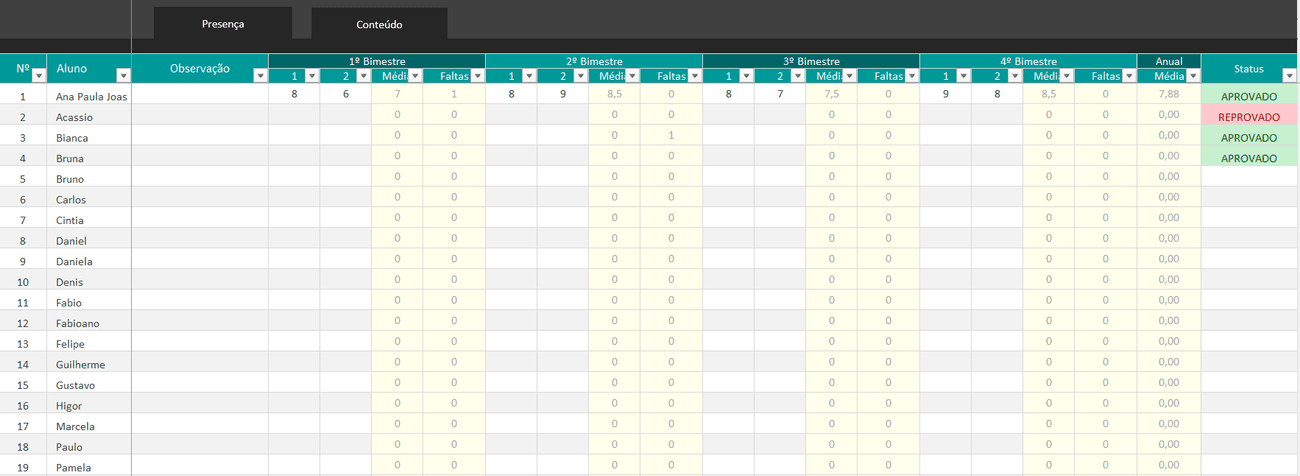 Planilha para Professores Controle de Aluno em Excel - Controle de Notas e Faltas