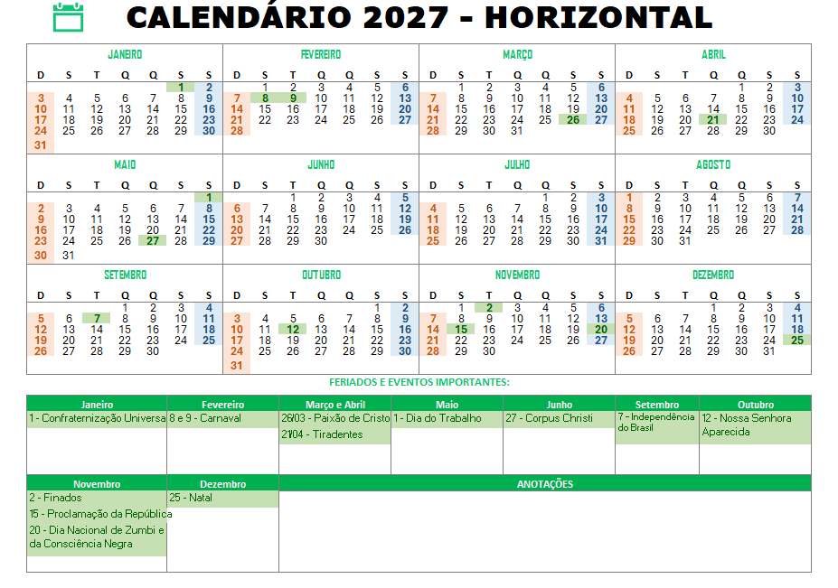 Calendário Horizontal 2027 - Calendário
