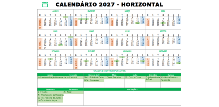 Calendário Horizontal 2027 Grátis