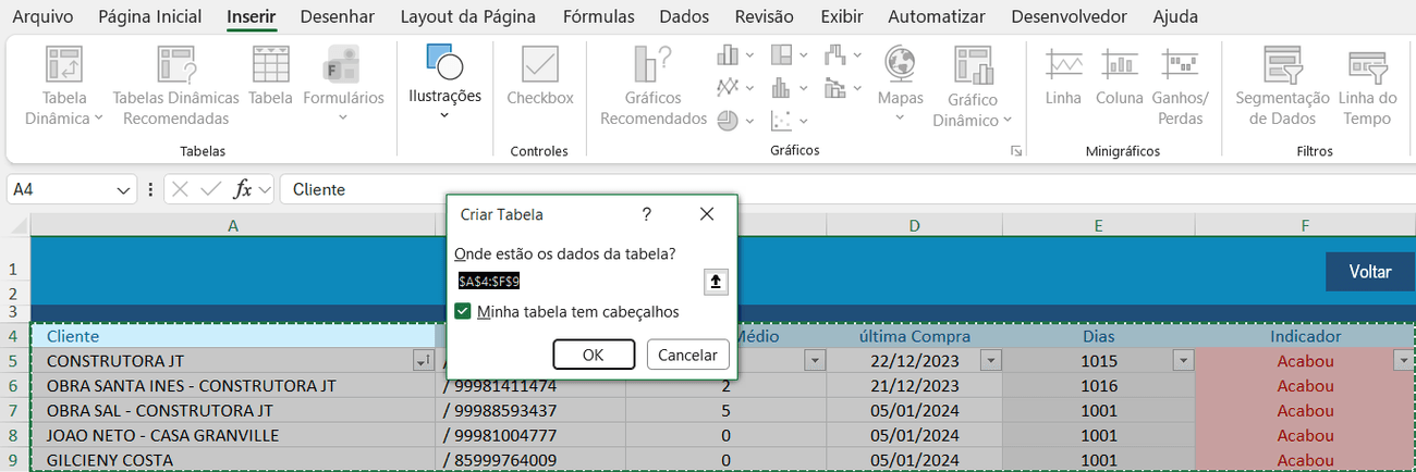 Como organizar dados no Excel para criar gráficos corretamente - Como transformar o intervalo em uma Tabela do Excel