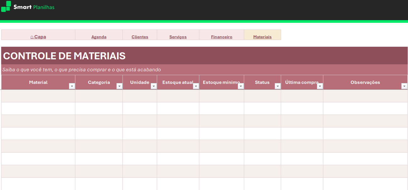 Planilha para Nail Designer - Materiais