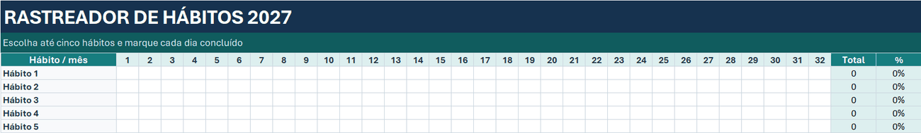 Planner 2027 em Excel - Hábitos