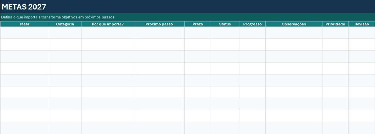Planner 2027 em Excel - Metas 2027